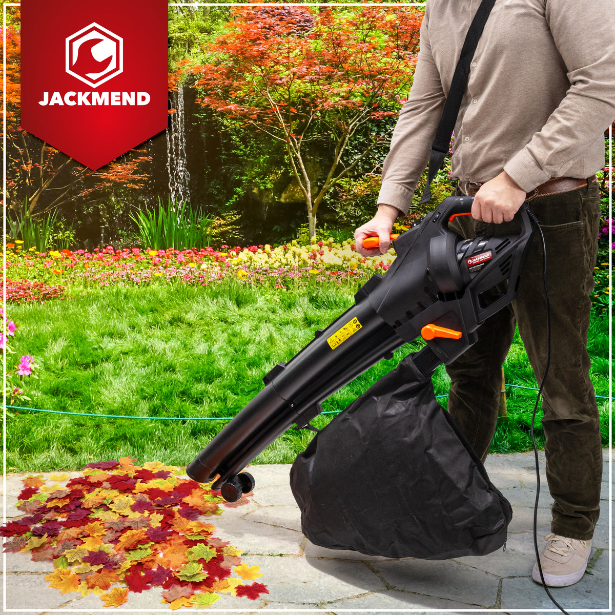 Souffleur de feuilles électrique JACKMEND avec sac de collecte de 35 L - 3000 W filaire, vitesse de l'air 270 km/h - 15 000 tr/min