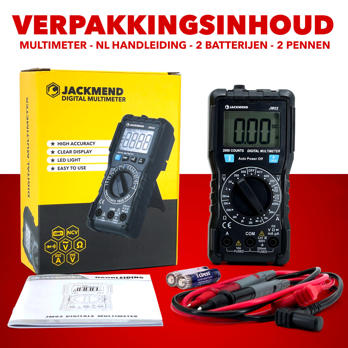 Multimètre numérique JACKMEND - Voltmètre intelligent avec lampe torche LED - Mesure de tension AC / DC - Voltmètre - Multimètre