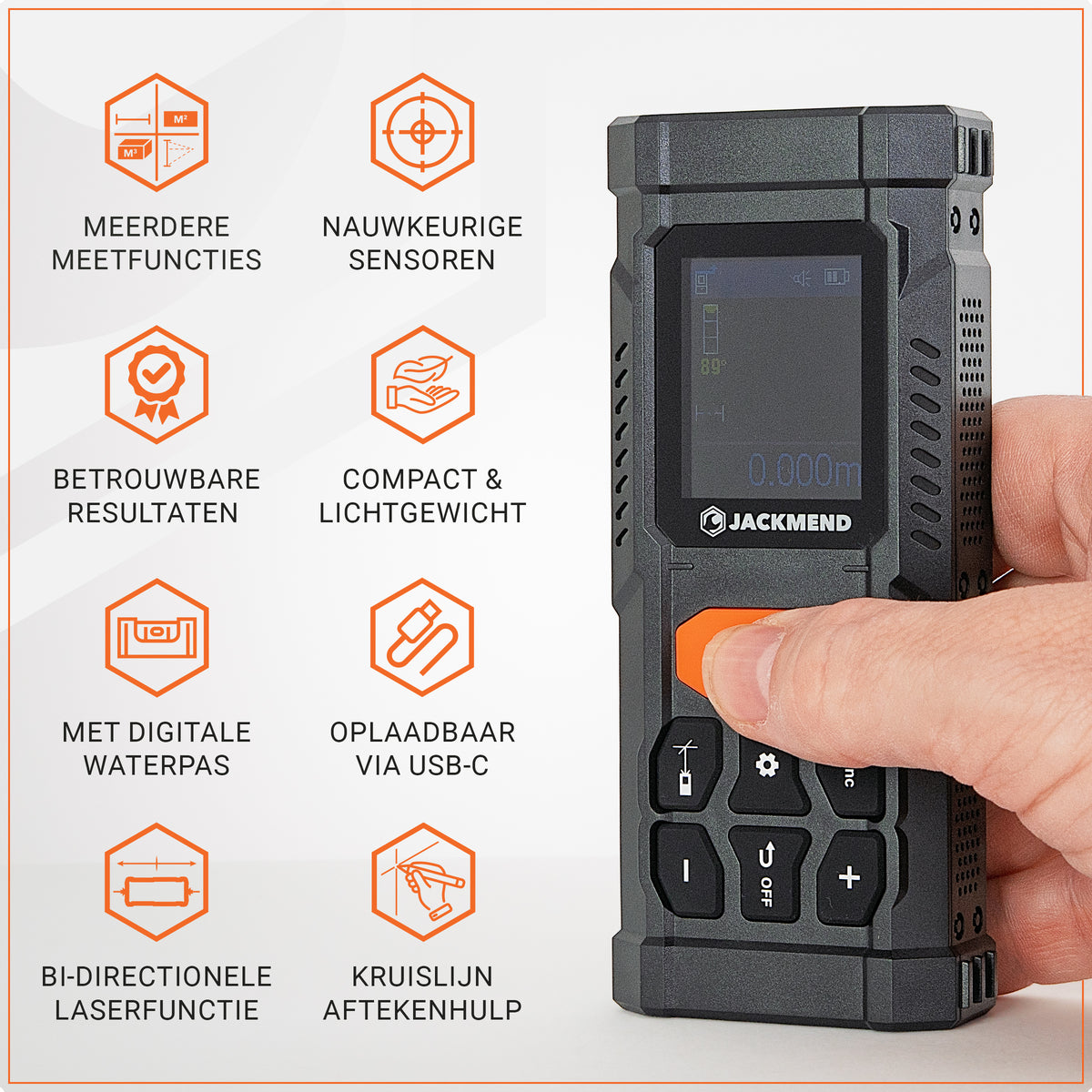 JACKMEND Laserafstandsmeter 200 Meter bereik - Met Hellingmeter, Pythagoras en Markeerlaser
