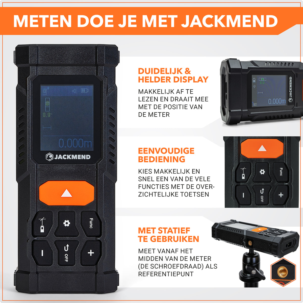 JACKMEND Laserafstandsmeter 200 Meter bereik - Met Hellingmeter, Pythagoras en Markeerlaser