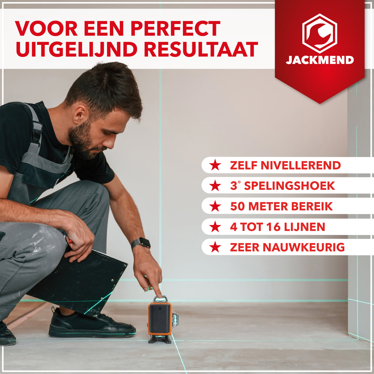 Laser croix 4D JACKMEND avec trépied de 1,45 m, 4 à 16 lignes - Portée de 50 mètres