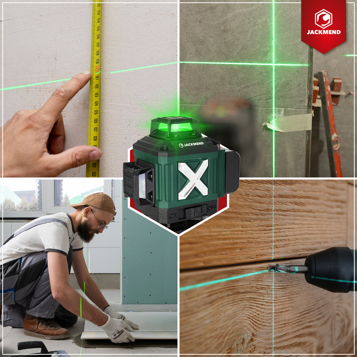 Laser croix 4D JACKMEND avec trépied de 1,45 m, 4 à 16 lignes - Portée de 50 mètres