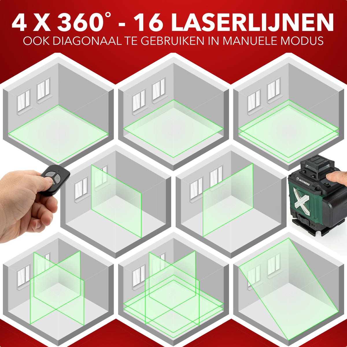 Laser croix 4D JACKMEND avec trépied de 1,45 m, 4 à 16 lignes - Portée de 50 mètres