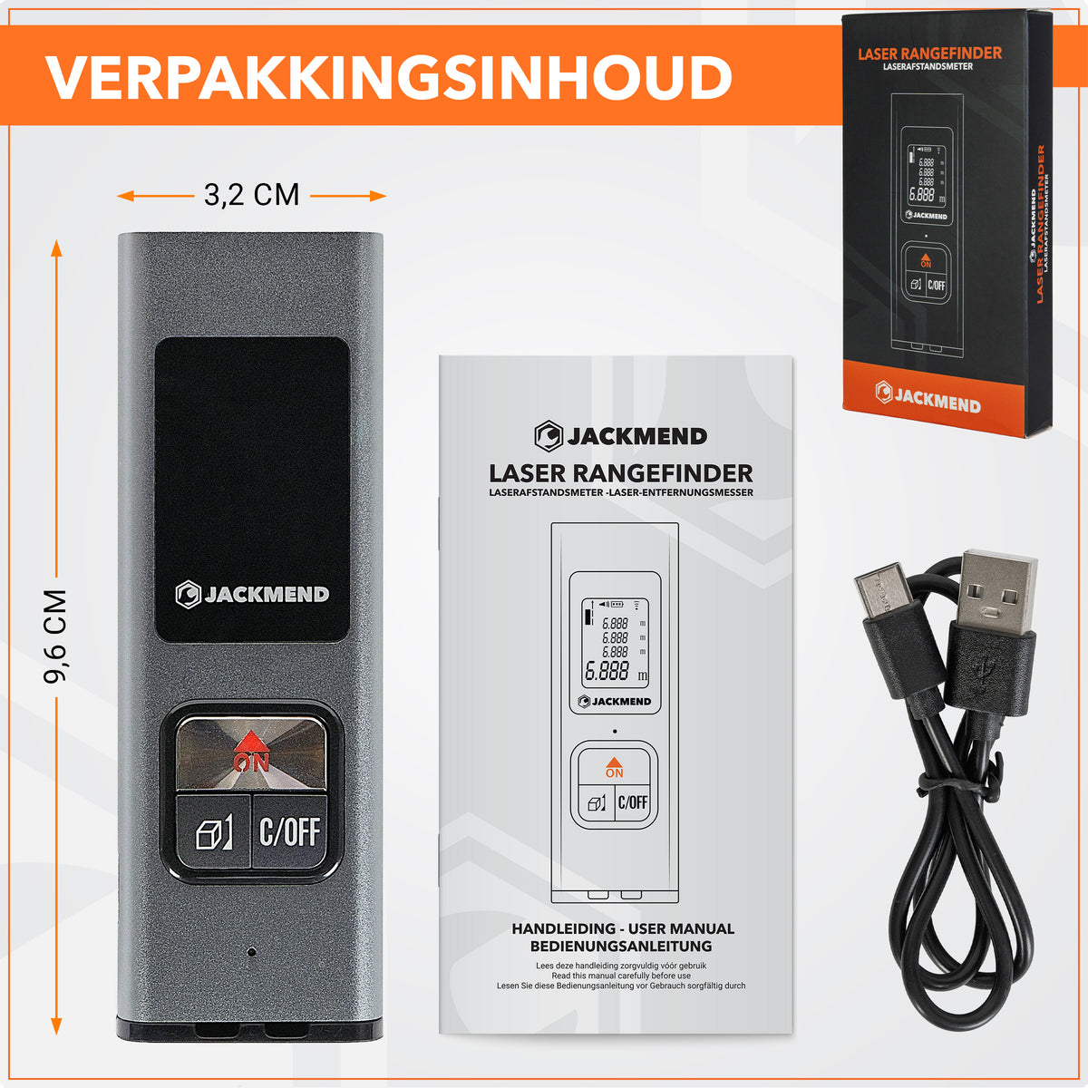 Jackmend Laserafstandsmeter - Oplaadbaar - Digitale Afstandsmeter met LED-Scherm en Draagkoord