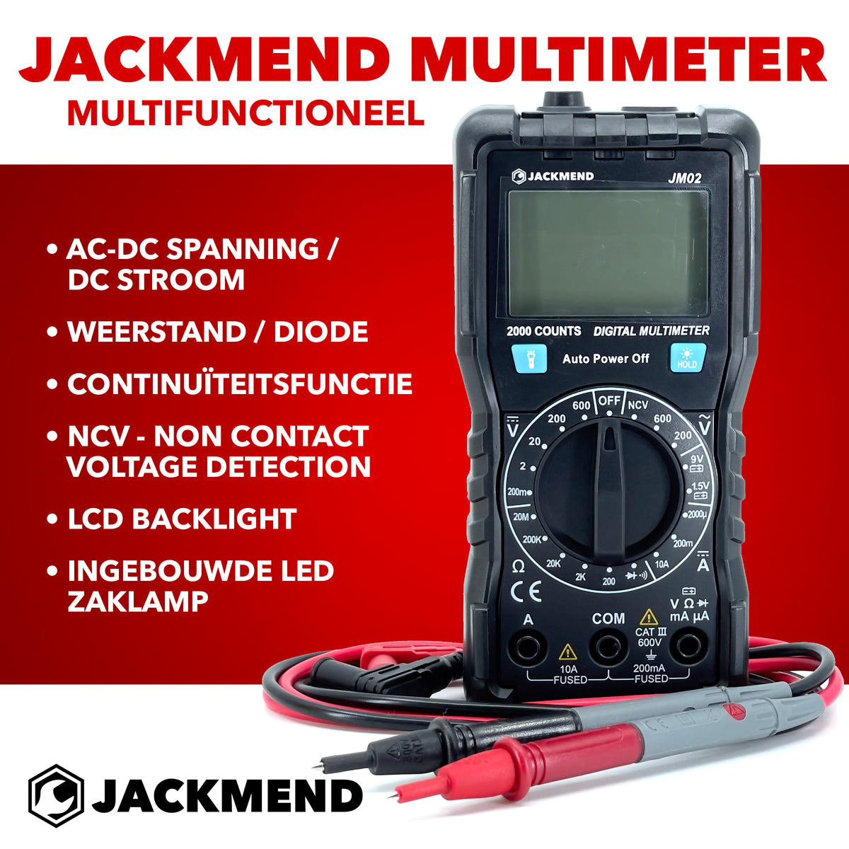 Multimètre numérique JACKMEND - Voltmètre intelligent avec lampe torche LED - Mesure de tension AC / DC - Voltmètre - Multimètre