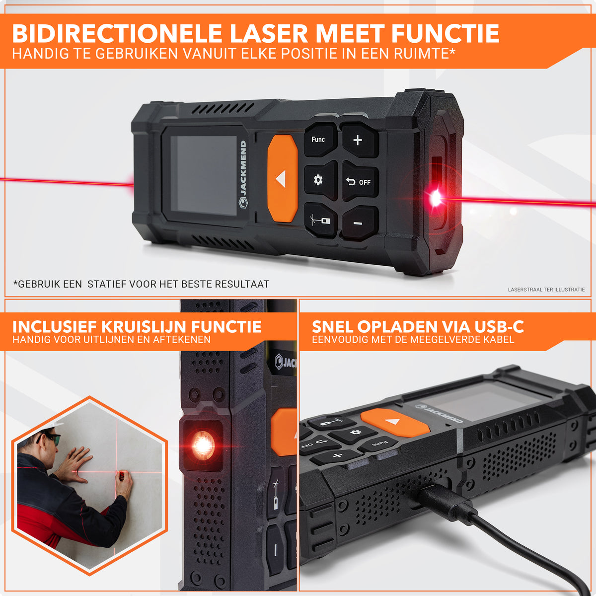 JACKMEND Laserafstandsmeter 200 Meter bereik - Met Hellingmeter, Pythagoras en Markeerlaser